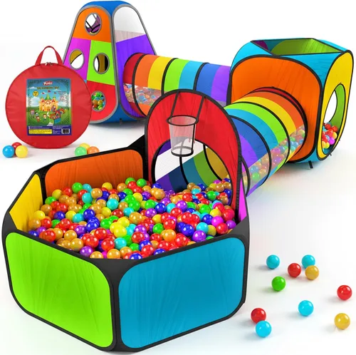 Miniatura 10 de Playz Tienda de campaña desplegable de 5 piezas para niños, túnel de gateo y pozo de pelotas con aro de baloncesto para niños, niñas, bebés y niños