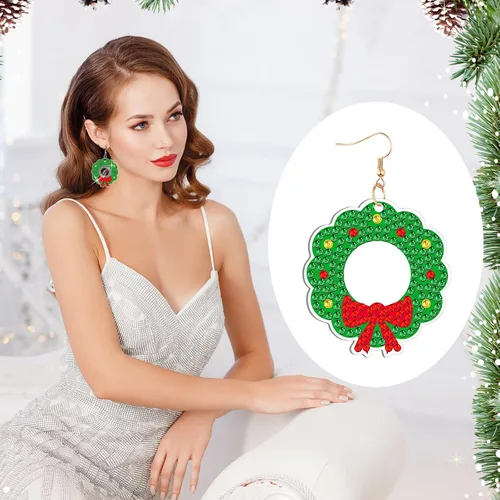 Miniatura 4 de Siifert 24 pares de aretes de pintura de diamante de Navidad, kit de fabricación de aretes DIY, aretes de arte de diamante, kit de joyería