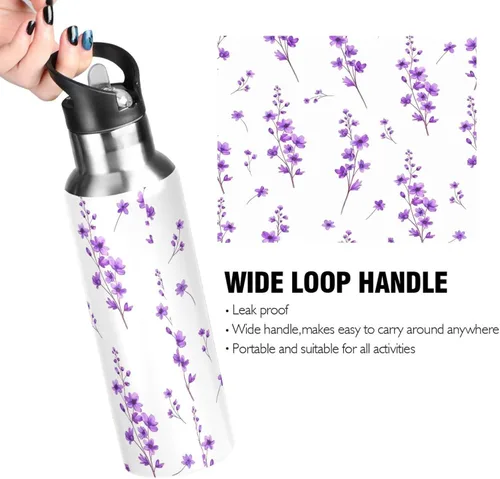 Miniatura 4 de Purple Flowers Leaves Stainless Steel Water Bottle 20 Oz Leakproof Water Bottles, BPA-Free Sports Water Bottle with Straw