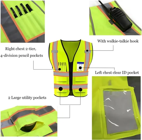 Miniatura 4 de Chaleco de seguridad de alta visibilidad reflectante personalizado con logotipo, ropa de trabajo de seguridad con tiras reflectantes y bolsillos a