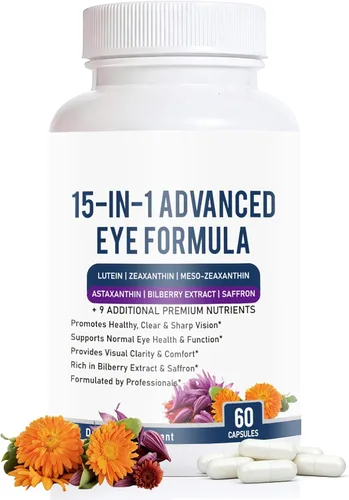 Fórmula avanzada 15 en 1 para ojos – Suplemento de vitaminas y minerales para los ojos con luteína, zeaxantina, extracto de zinc y arándano, apoyo