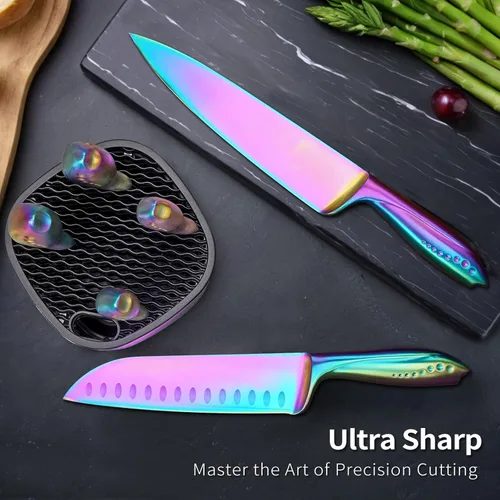 Miniatura 5 de WELLSTAR Rainbow - Juego de 7 cuchillos de cocina de acero inoxidable de alto carbono iridiscentes alemanes con bloque universal de cuchillos, Juego