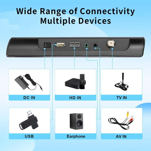 Miniatura 7 de Feihe TV pequeña de 12 pulgadas, TV portátil con pantalla HD, antena, HDMI, AV, puertos USB, sintonizador digital integrado y diseño compacto