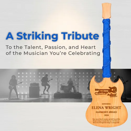 Miniatura 4 de Premio personalizado de guitarra Cherrywood, placa grabada personalizada con mango de paracaídas azul, 23 x 8 pulgadas Regalo para músicos