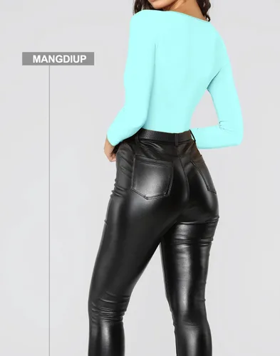 Miniatura 50 de MANGDIUP Body esencial para mujer, cuello redondo, manga larga, ajustado, elástico, de algodón y elastano