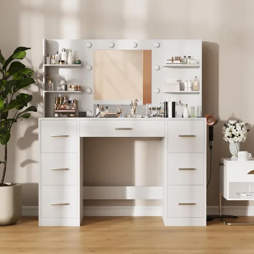 Miniatura 4 de Furmax - Escritorio de tocador con espejo, luces LED y toma de corriente, mesa de maquillaje con 7 cajones y 6 estantes de almacenamiento, mesa