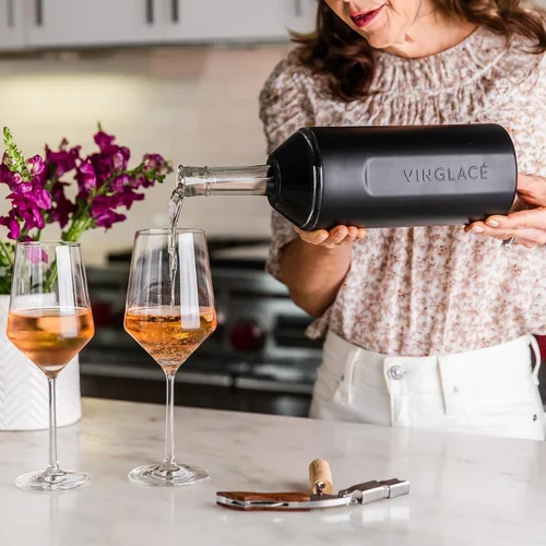Miniatura 4 de Vinglacé Juego de regalo enfriador de botellas de vino, enfriador de vino portátil de acero inoxidable con 2 copas de vino sin tallo, color negro