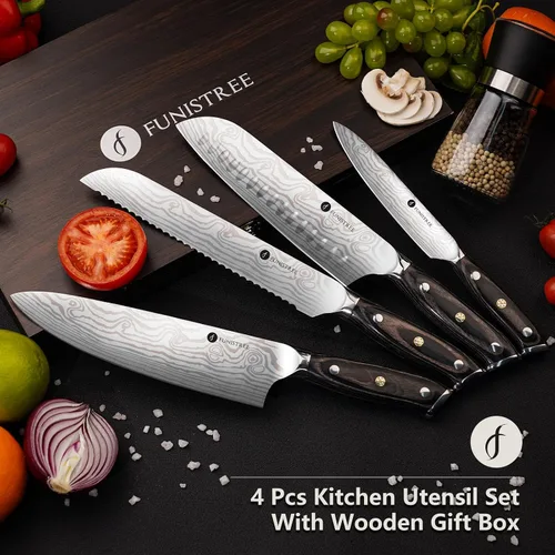 Miniatura 4 de Juego de 4 cuchillos de cocina profesional, juego de cuchillos de chef de acero inoxidable alemán de Damasco con caja de madera, cuchillo de chef