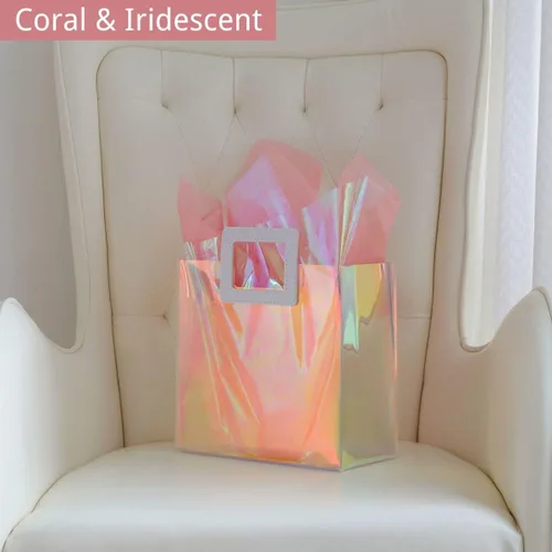 Miniatura 4 de VUOJUR 2 bolsas de regalo pequeñas reutilizables de 8.3 pulgadas con papel de seda - Coral e iridiscente