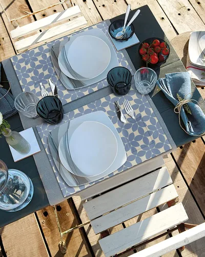 Miniatura 4 de Juego de 6 manteles individuales geométricos azules para mesa de comedor, manteles individuales de lino de algodón con bolsillo, tapete de arpillera