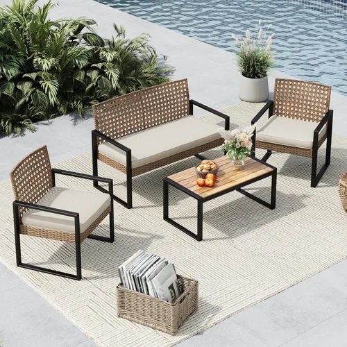 Miniatura 10 de MFSTUDIO Juego de 4 muebles de patio al aire libre, sofá pequeño de ratán marrón con mesa y sillas de madera de acacia, juego de muebles de sofá