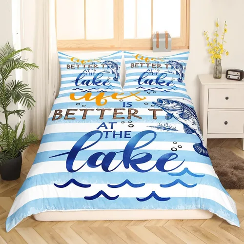 Miniatura 3 de Erosebridal Juego de ropa de cama individual con diseño de peces de lubina, la vida es mejor en el lago, funda de edredón para niños y niñas, funda