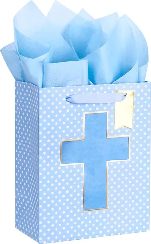Loveinside Bolsa de regalo azul, bolsa de regalo con diseño de cruz religiosa y puntos con papel de seda, etiqueta para bautismos de bebé, baby