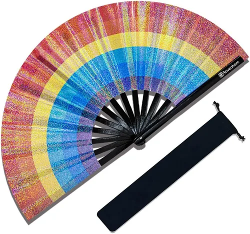 Miniatura 12 de Ventilador grande para rave, ventilador de mano plegable Clack con tela de primera calidad, marco de bambú grueso para hombres y mujeres, regalo