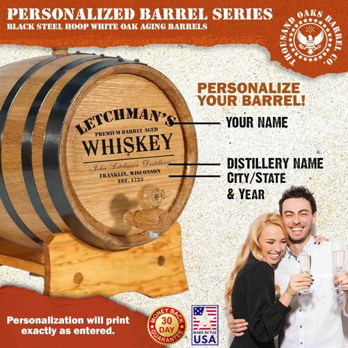 Miniatura 3 de Barril personalizado de 2 litros de roble americano para envejecimiento de whisky con soporte de madera, tapón y canilla - Mini barriles de 2L
