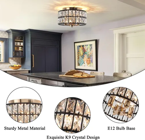 Miniatura 3 de Lámpara de techo empotrada negra y dorada: Lámpara de techo de cristal de 4 luces de 11.22 pulgadas con cristales K9 - Moderna lámpara de techo