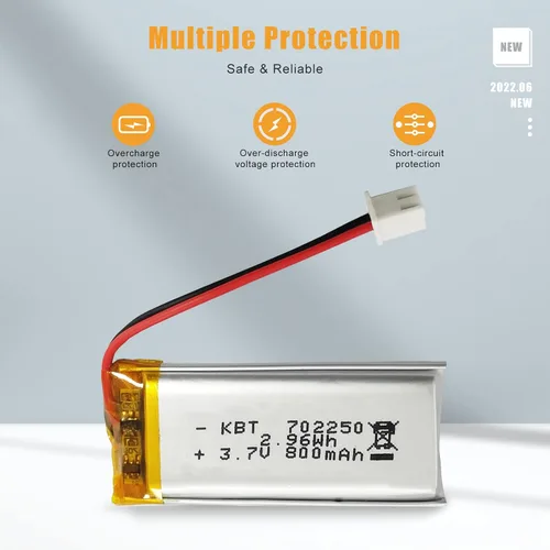 Miniatura 4 de Batería de polímero de litio KBT 3.7V 800mAh: 702250 Baterías de repuesto de iones de litio recargables Lipo con conector PH 2.54 JST, conector