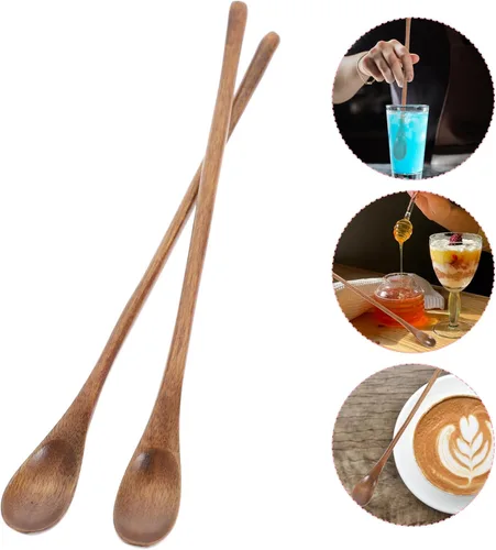 Miniatura 5 de Operitacx 4 cucharas de madera, cucharas de mezcla de madera de mango largo a granel, cucharas de té largas para cuchara de miel, mezcla, agitar