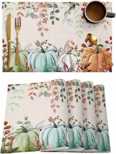 Miniatura 18 de Juego de 4 manteles individuales Boho de otoño, calabazas de acuarela para Acción de Gracias, resistentes al calor, lavables, para mesa, manteles