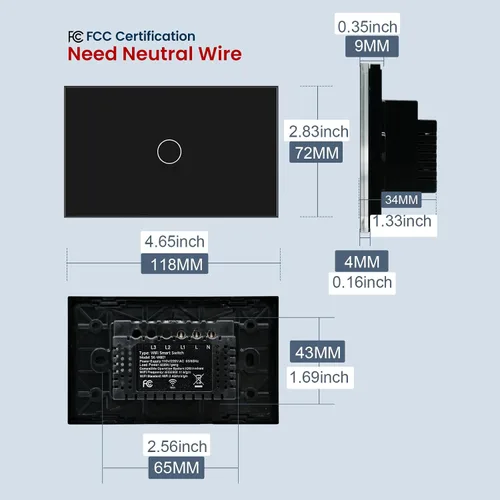 Miniatura 4 de Interruptor de luz inteligente de 4.65 x 2.83 x 1.34 pulgadas, necesita cable neutro, interruptor táctil Wi-Fi de 2.4 GHz, funciona con Smart
