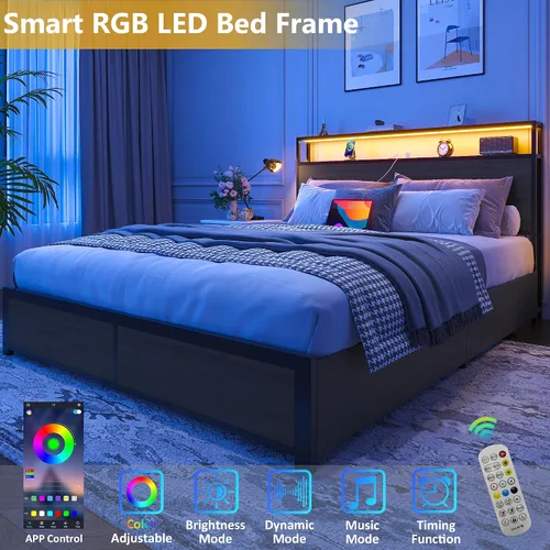 Miniatura 4 de Lifezone Base de cama Queen con cabecera de almacenamiento de 2 niveles, base de cama de plataforma de metal con 4 cajones de almacenamiento, gris