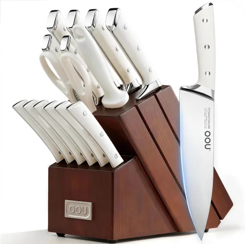 Miniatura 10 de OOU Juego de cuchillos de cocina 2025 con bloque, juego de cuchillos de acero inoxidable alemán de 15 piezas con varilla de afilar, mango de madera