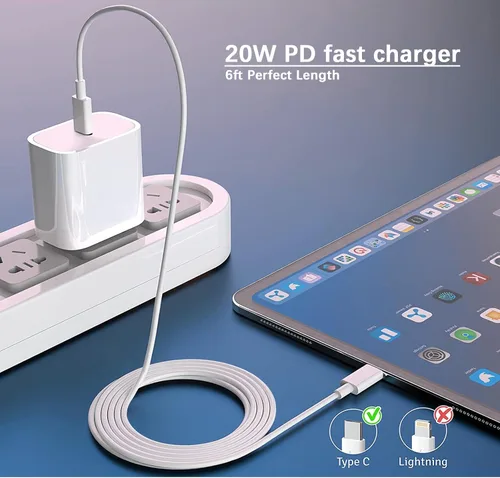 Miniatura 4 de Cargador para iPad de carga rápida, cable USB-C de 6 pies y bloque de cargador USB C de 20 W, paquete de 1 para Apple iPad A16 11th 10th, Pro 13