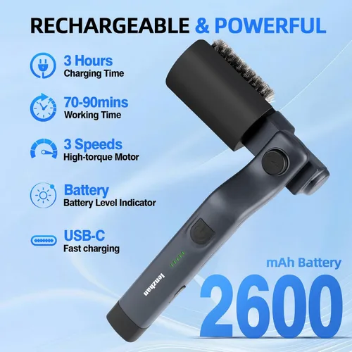 Miniatura 6 de Cepillo eléctrico inalámbrico para parrilla con ángulo ajustable, motor de 3 velocidades y cabezal de acero inoxidable - Recargable, tiempo de Gris