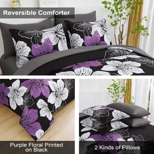 Miniatura 5 de Luxudecor Juego de edredón floral tamaño King, 7 piezas de cama en una bolsa, juego de edredón floral morado y sábanas, juegos de cama completos