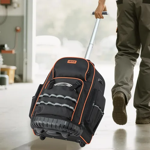 Miniatura 8 de VEVOR Mochila para herramientas rodantes, capacidad de carga de 110 libras, 72 bolsillos, bolsa de herramientas resistente sobre ruedas, mango