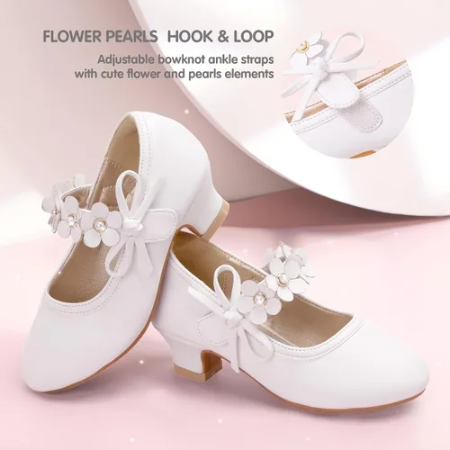 Miniatura 3 de PANDANINJIA Zapatos de vestir para niñas, zapatos de tacón Mary Jane, zapatos de tacón de flores para fiesta de boda de regreso a clases, zapatos