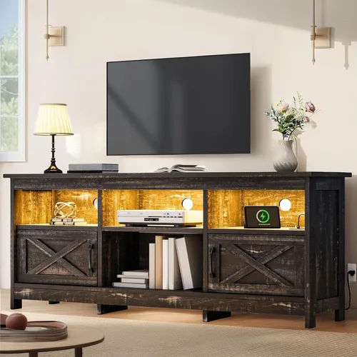 Miniatura 10 de YITAHOME Soporte de TV para televisores de 65 pulgadas, centro de entretenimiento con armarios de almacenamiento, toma de corriente y luz LED, Negro