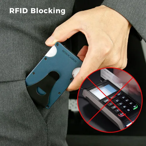 Miniatura 6 de MONOCARBON Cartera delgada minimalista con bolsillo frontal con bloqueo RFID, clip de dinero para tarjetas de crédito, acero manganeso, Azul