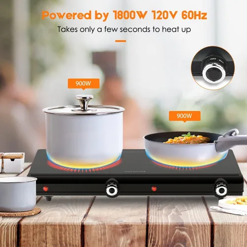 Miniatura 11 de Placa eléctrica infrarroja de doble quemador – Estufa portátil de 1800 W, calentamiento en segundos, encimera para dormitorio, compatible con todos