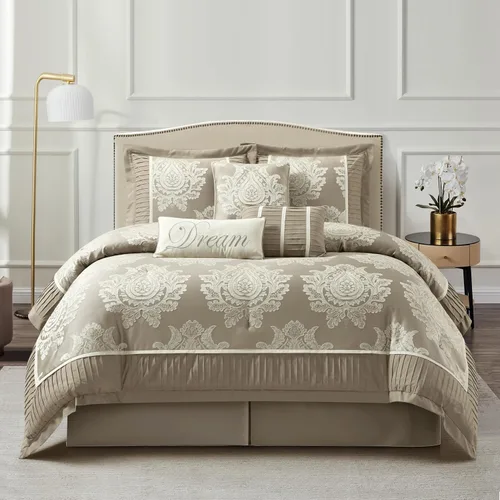 Grand Avenue - Juego de edredón beige tamaño Queen, jacquard con juego de ropa de cama a juego de piezas sólidas, para todas las estaciones, faldón
