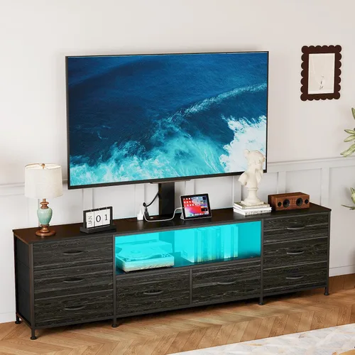 Miniatura 9 de Large TV Stand with Power Outlet and LED Lights, Entertainment Center with 8 Drawers and TV Mount, Rustic Wood Media Console Table with Storage for