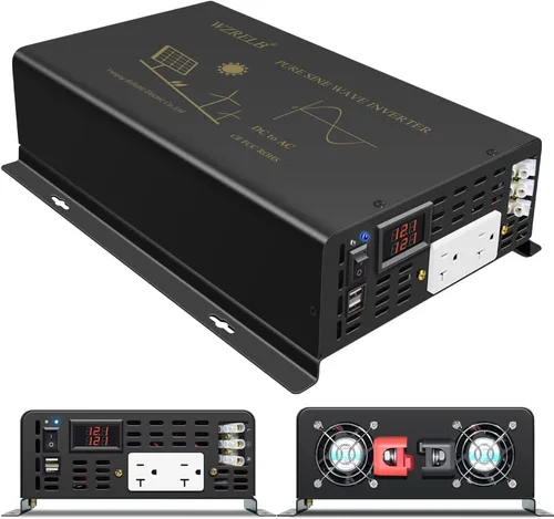 Miniatura 3 de WZRELB Inversor de corriente de onda sinusoidal pura de 2500 W, 12 VCC a 120 VCA, 60 Hz, salidas de CA duales, 2 puertos USB de 2.4 A y terminal