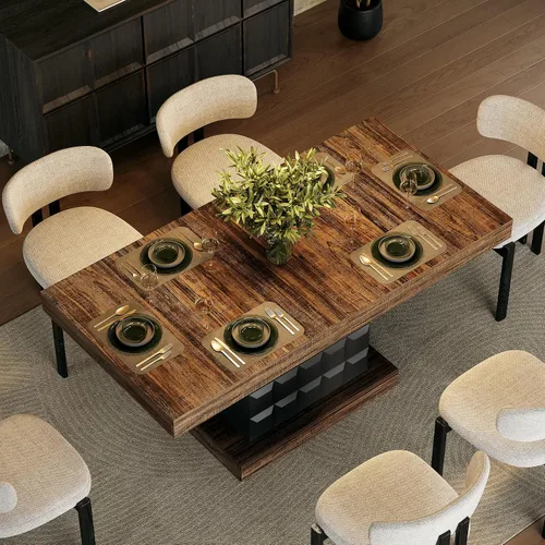 Miniatura 10 de LITTLE TREE Mesa de comedor moderna de 63 pulgadas, mesa rectangular para 4-6, mesa de cocina de granja, base de pedestal de madera resistente