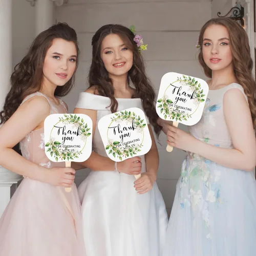 Miniatura 5 de Tradder 50 abanicos de papel de mano de boda a granel con mango de madera para invitados, regalos de despedida de soltera, hojas verdes, gracias por