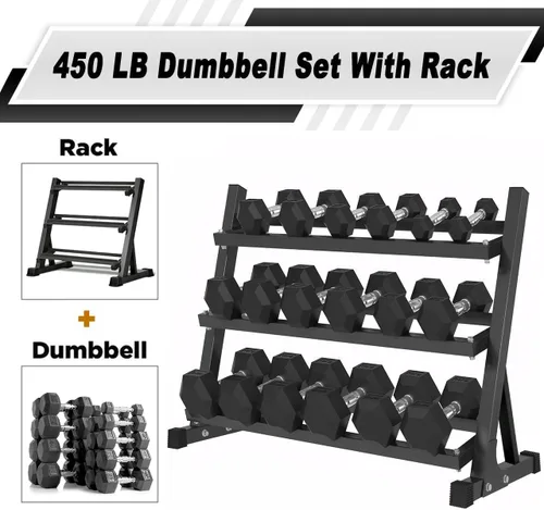 Miniatura 2 de Mancuernas hexagonales de goma con estante de 350/450/550 libras, juego de mancuernas de pesas libres para gimnasio en casa, mancuernas