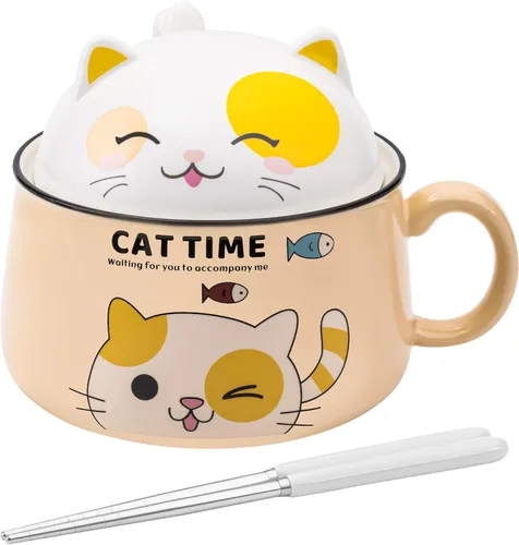 Miniatura 7 de Juego de cuencos para ramen con palillos, lindos cuencos de fideos instantáneos para ramen con diseño de gato lindo con tapa, cuencos de cerámica