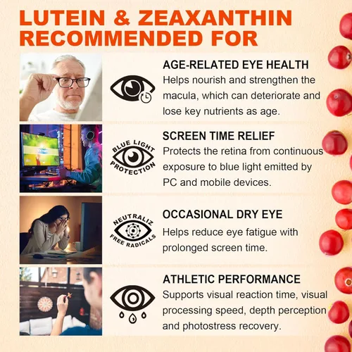 Miniatura 8 de Suplementos de luteína y zeaxantina sin azúcar (25 mg) Vitaminas A, C, E, arándano, astaxantina, aceite de coco para una mejor absorción, salud