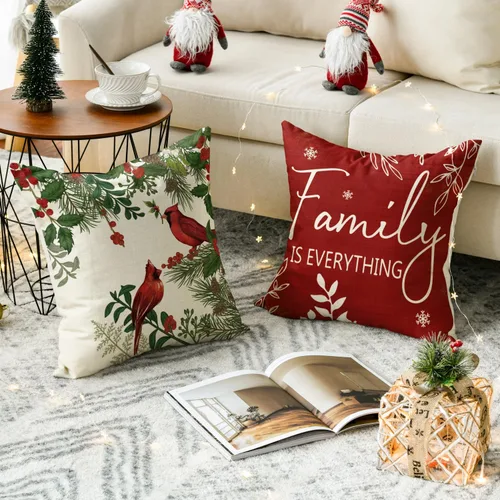 Miniatura 4 de AVOIN colorlife Fundas de Cojines Decorativos Navideños Cardinal Home Sweet Home Poinsettia Bayas de Acebo, 16 x 16 Pulgadas Family is Everything