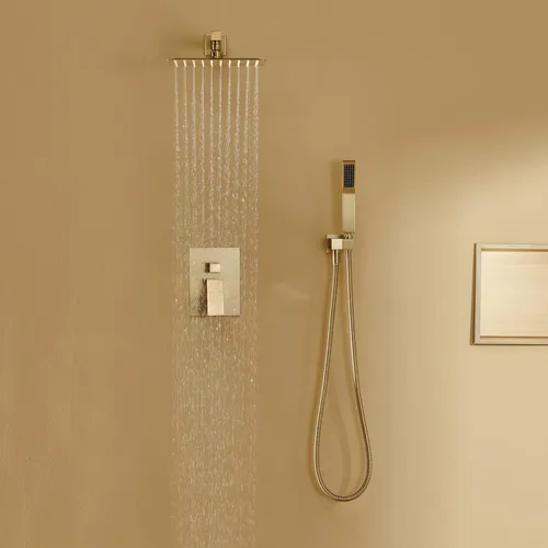 Miniatura 4 de Sistema de ducha de 10 pulgadas, juego combinado de ducha de lluvia dorado cepillado montaje en pared, grifería de baño con cabezal de ducha de Oro