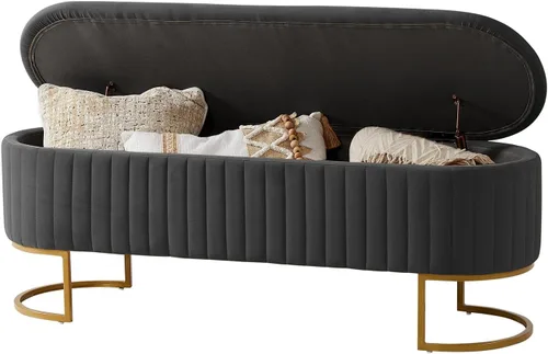 Miniatura 21 de EcoHarbor Living Banco de almacenamiento de 50.5" para pasillo, otomano tapizado con extremo de cama de terciopelo con patas doradas, reposapiés