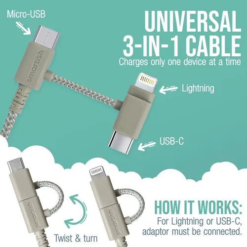 Miniatura 2 de Smartish Cable USB-C/Lightning 17/16/16e/15/14 - Crown Joule - Cable de carga universal de 6 pies con micro USB - Certificado MFi