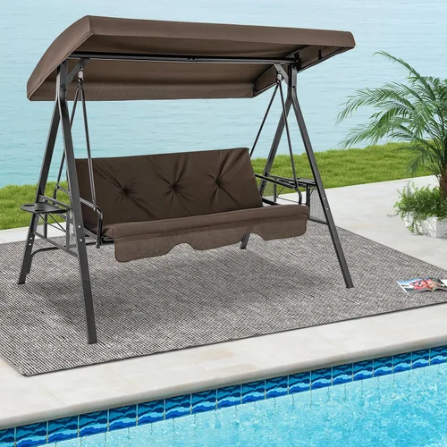 Miniatura 9 de Tangkula Columpio de porche para 3 personas, cama columpio convertible 2 en 1 para patio con toldo ajustable, mesa de 2 tazas, cojines de asiento