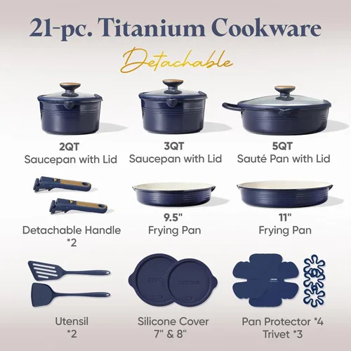 Miniatura 2 de CAROTE Juego de 21 utensilios de cocina de titanio, juego de ollas y sartenes antiadherentes, juego de cocina de cocina con mango desmontable, Azul