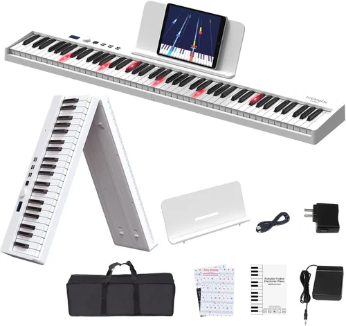 Miniatura 9 de KONIX Teclado de piano plegable, 88 teclas, teclado plegable semipesado, piano eléctrico portátil con llave de luz, pedal de sostenimiento, Negro