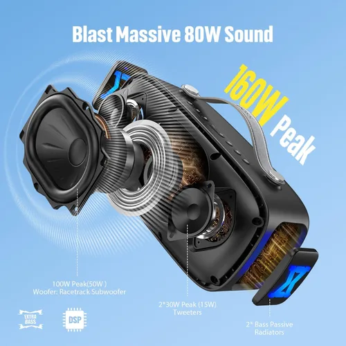 Miniatura 2 de DOSS Extreme Boom Pro D300 Altavoz Bluetooth, sonido estéreo inmersivo de 80 W, ecualizador profesional de 3 modos, tiempo de reproducción de 20